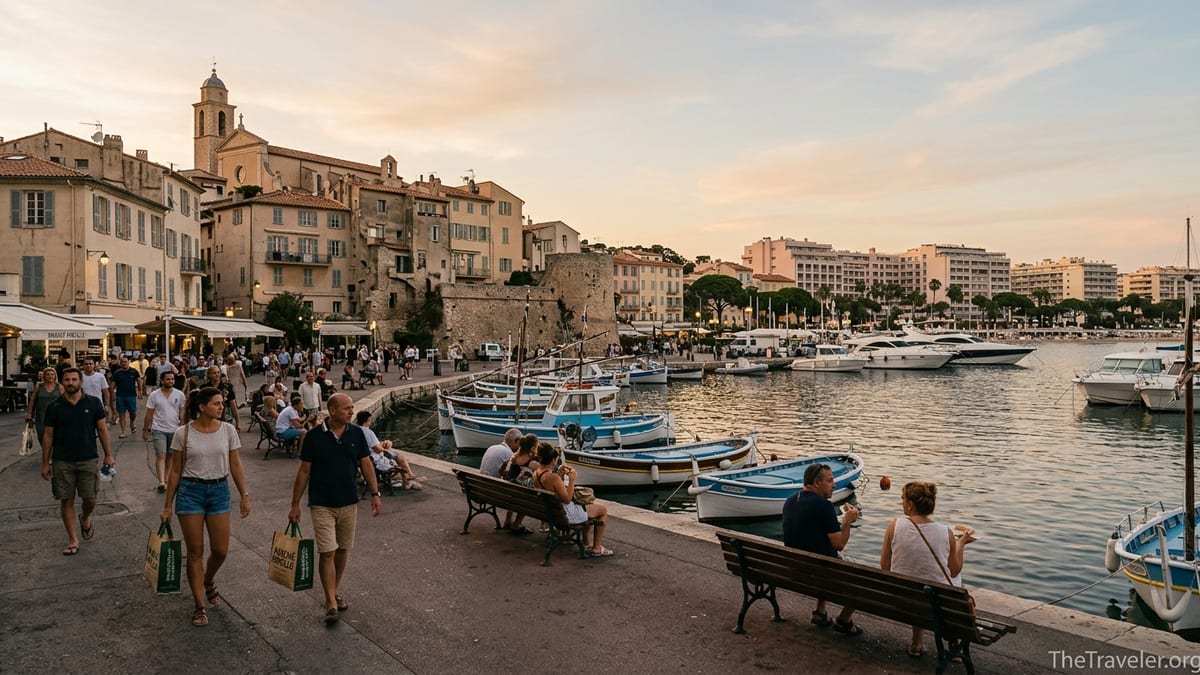 View of Cannes old port and Le Suquet at sunset with locals walking along the quay.