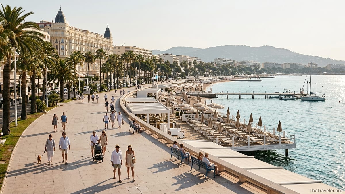 Golden hour view of Cannes’ Boulevard de la Croisette with palm-lined promenade, Carlton hotel and private beach clubs by the