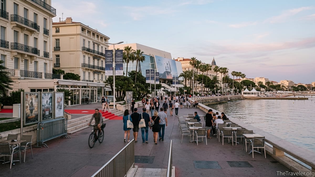 Early evening view of Cannes waterfront with people walking toward cinemas near the Palais des Festivals.