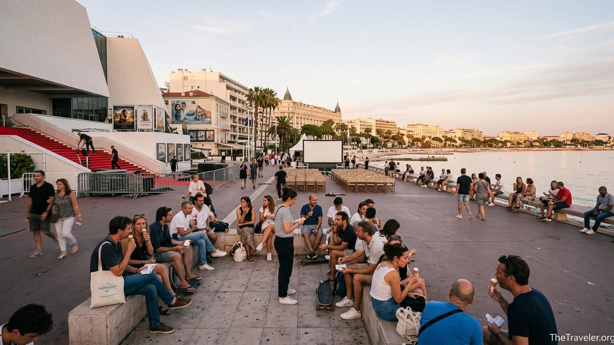 Evening scene near the Palais des Festivals in Cannes with people gathering for an outdoor film screening.