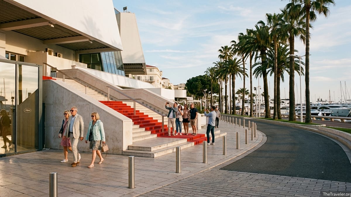 Tourists on the red carpet steps of the Palais des Festivals in Cannes at golden hour.