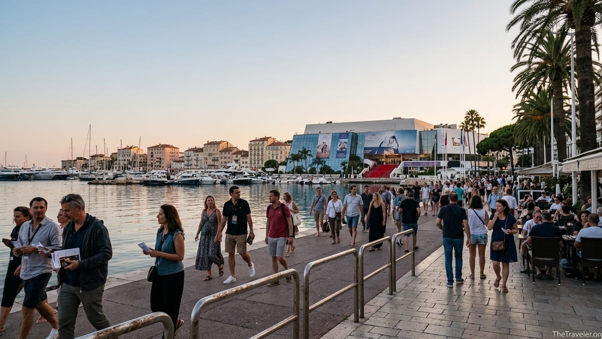 Evening crowds walking the Croisette promenade in Cannes near the Palais des Festivals.