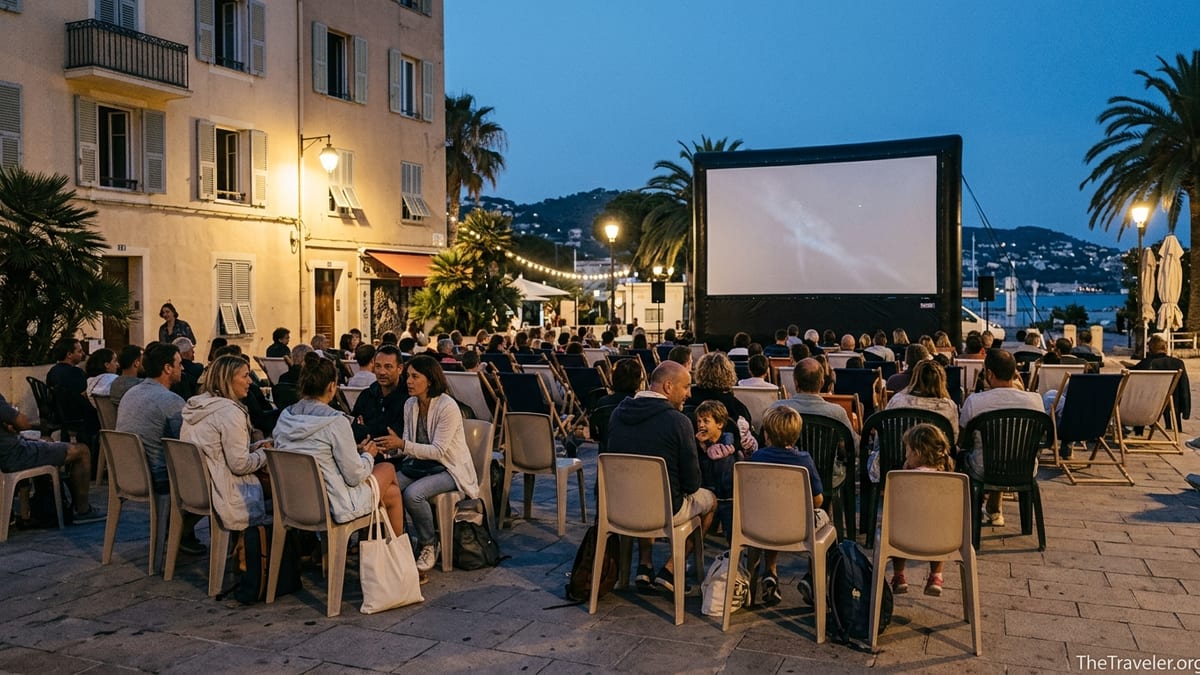 Open-air evening film screening in a Cannes neighborhood square with locals and travelers watching under a twilight sky.