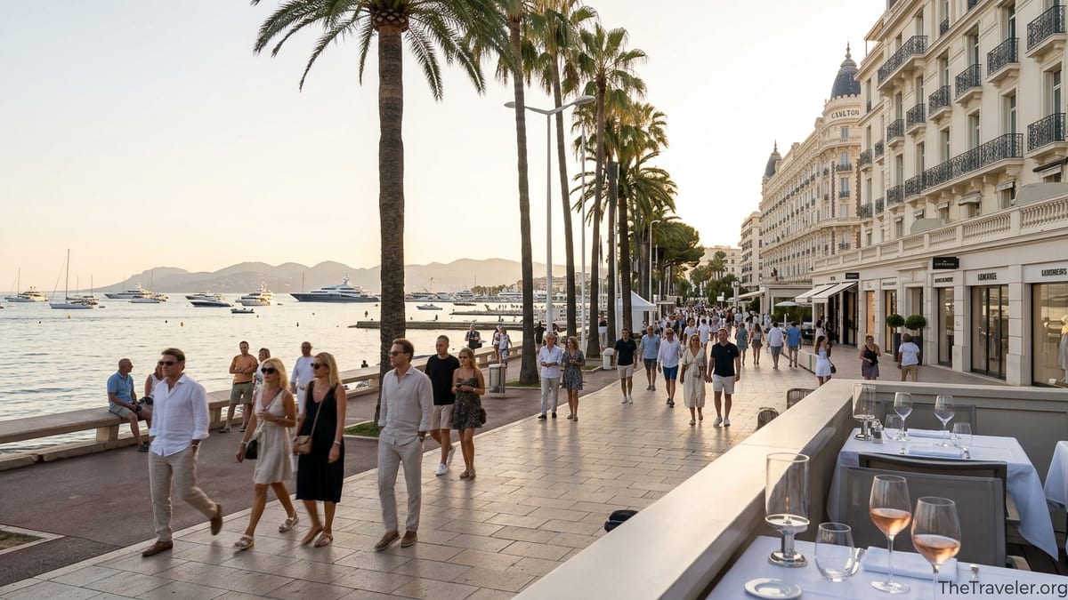 Golden hour view of La Croisette in Cannes with palace hotels, yachts, and strolling luxury travelers.