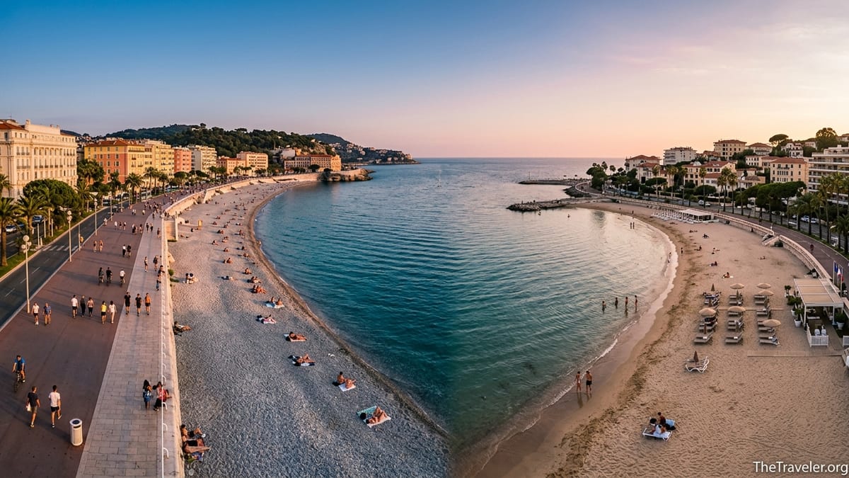Aerial view of Nice’s pebbly shore and a sandy Cannes-style beach at golden hour on the French Riviera.