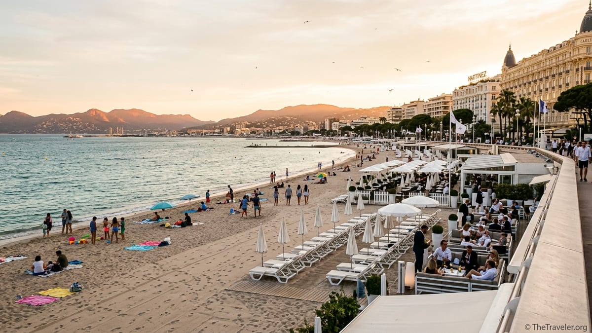 Golden hour view of Cannes beaches showing glamorous La Croisette clubs beside relaxed Plages du Midi public sand.