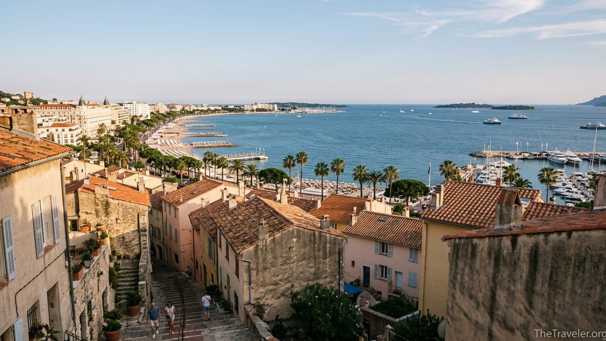 View over Cannes from Le Suquet hill toward the harbor, La Croisette and sandy beaches at sunset.