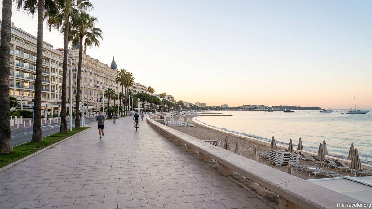 Early morning view of La Croisette promenade and sandy beach in Cannes with calm sea and palm trees.