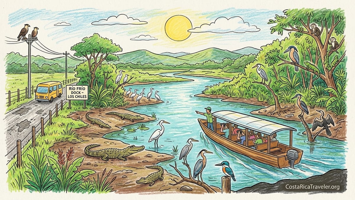Boat with guided wildlife watchers on the Río Frío at Caño Negro, viewing birds and caimans along a lush wetland bank.