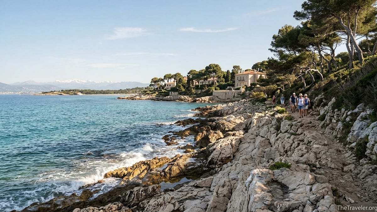 Rocky coastal path and turquoise sea along Cap d’Antibes near Plage de la Garoupe.