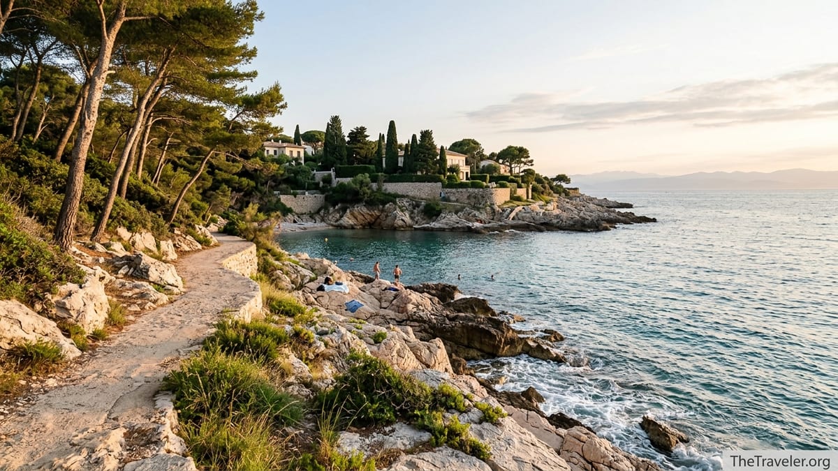 Golden hour view of Cap d’Antibes coastal path above turquoise sea and rocky coves