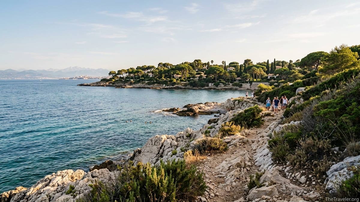 Coastal path and rocky shoreline of Cap d’Antibes with turquoise sea and pine trees at sunset.