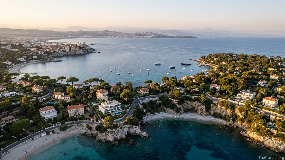 Aerial view of Cap d’Antibes and Saint Jean Cap Ferrat peninsulas on the French Riviera at sunset.