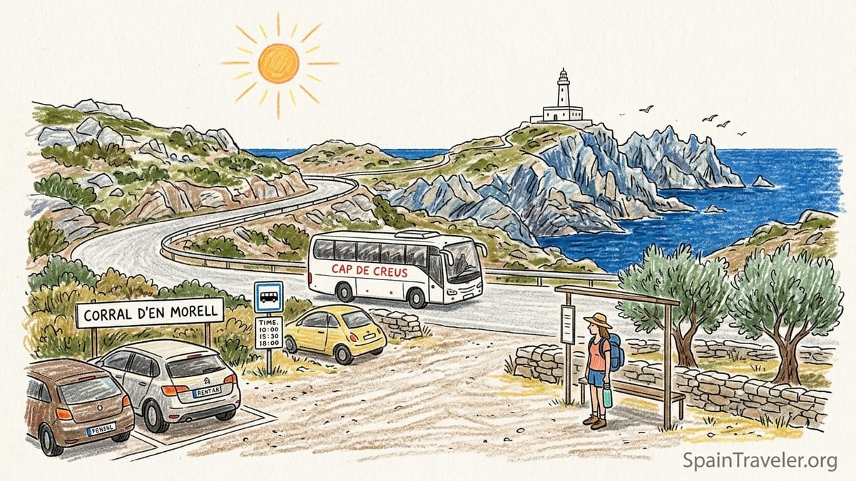 Shuttle bus and hikers arriving at the rocky Cap de Creus lighthouse above the Mediterranean Sea.