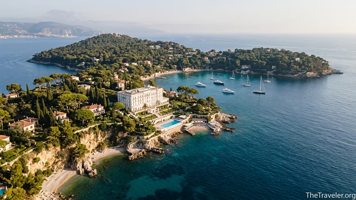 Aerial view of Cap Ferrat peninsula with pine forests, villas and turquoise coves on the French Riviera.
