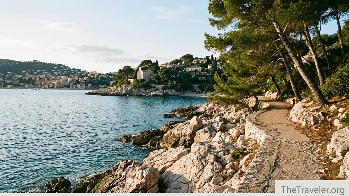 Coastal path on Cap Ferrat at sunset curving above turquoise water and rocky coves.