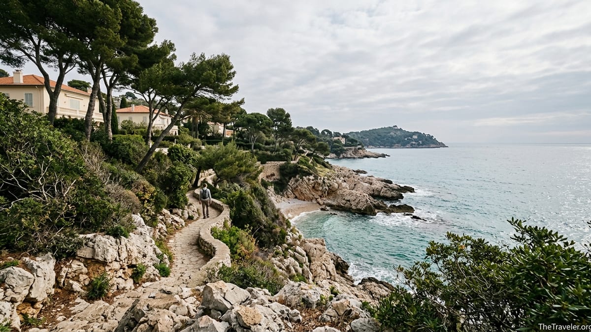 Quiet coastal path on Cap Ferrat curving above turquoise sea under soft morning light.
