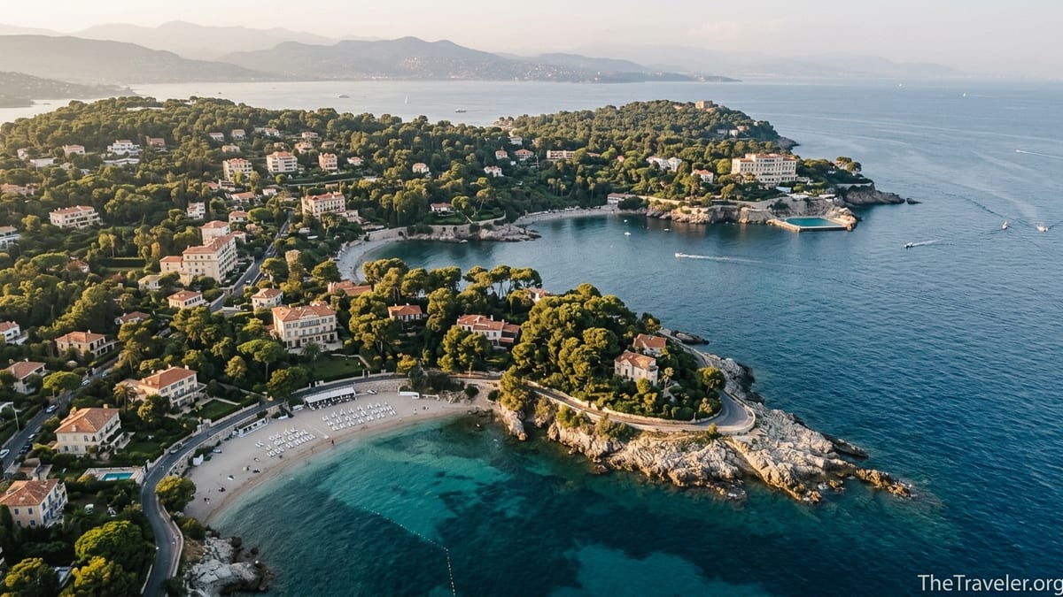 Aerial view of Cap Ferrat and Cap d’Antibes peninsulas jutting into the Mediterranean Sea at golden hour.
