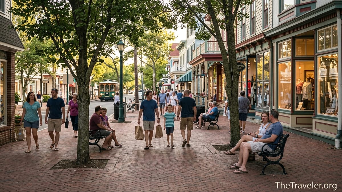 Pedestrians strolling along Cape May’s Washington Street Mall lined with Victorian shops in late afternoon light.