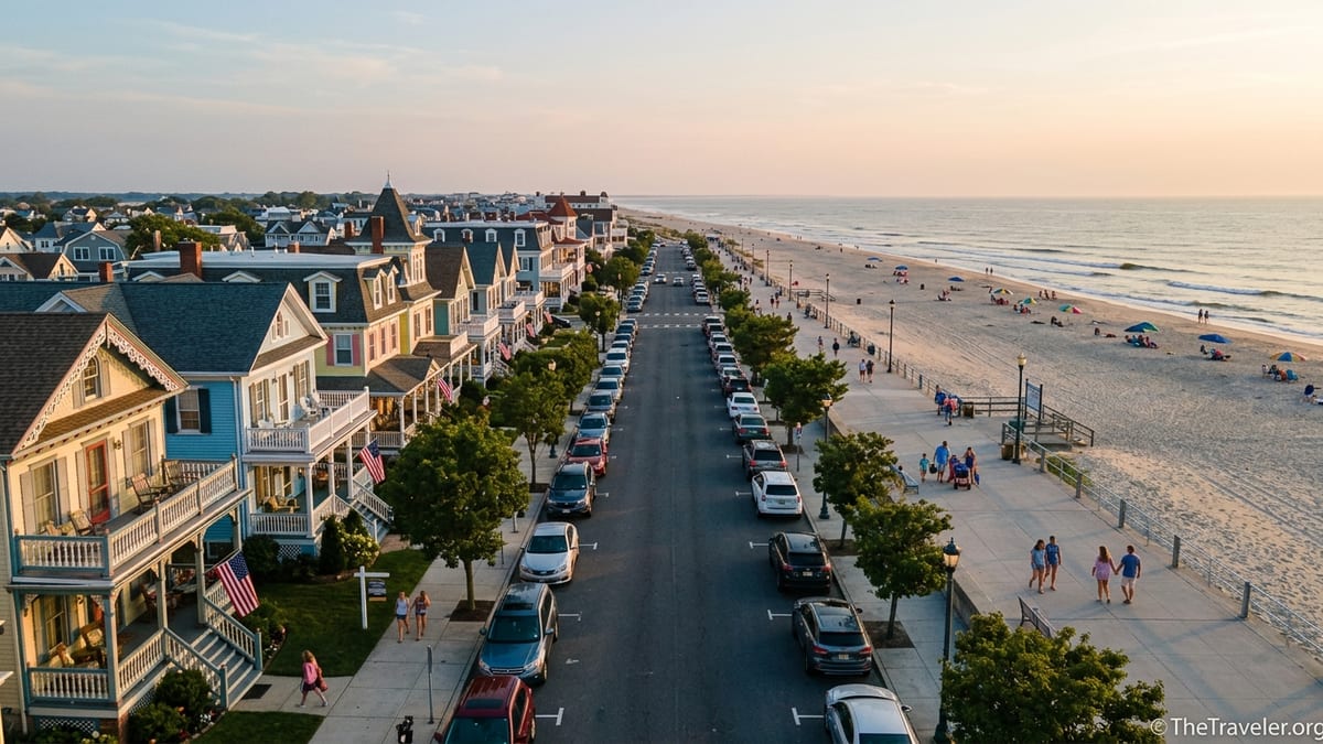 Victorian houses and quiet beach promenade at sunset in Cape May, New Jersey