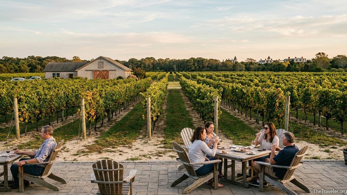 Visitors tasting wine at a Cape May vineyard patio with rows of vines under a warm late afternoon sky.