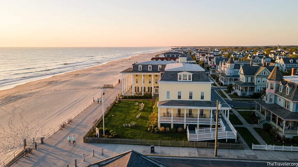 Sunrise over Cape May beach with Congress Hall and colorful Victorian houses.