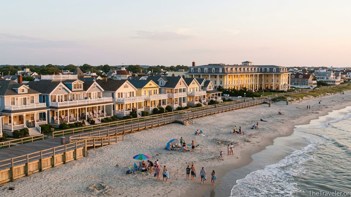 Early evening view of Cape May beach and Victorian houses with people strolling along the promenade.