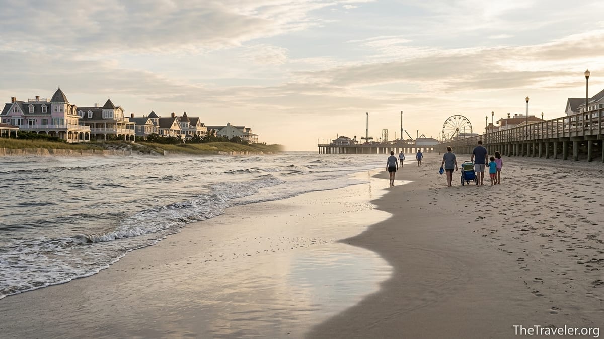 Sunrise on a New Jersey beach with Cape May houses and an Ocean City-style boardwalk in the distance.