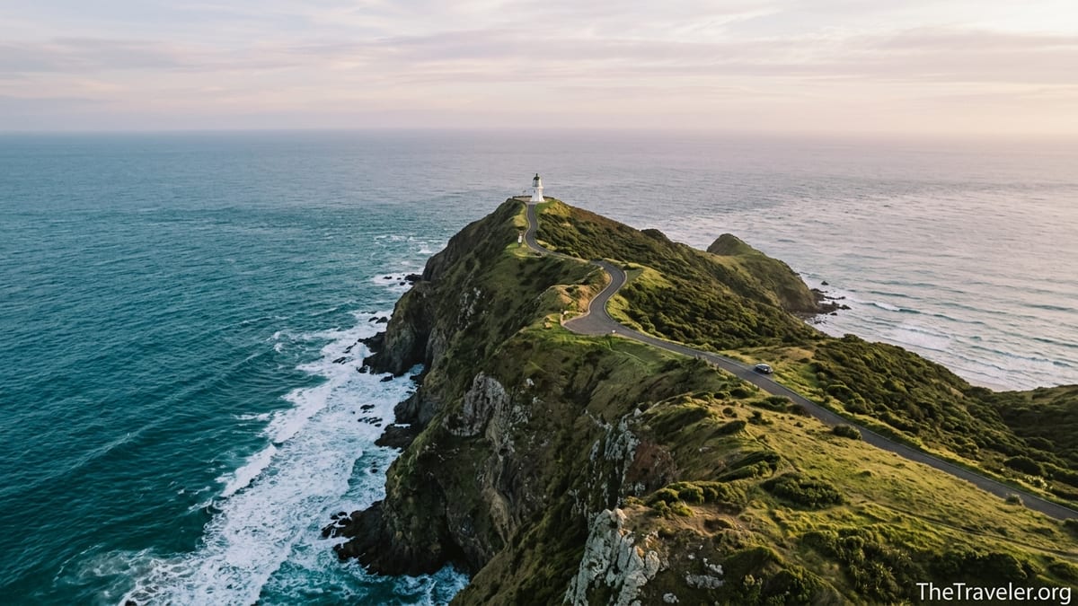 Aerial view of Cape Reinga lighthouse on a green headland between two converging oceans at golden hour.