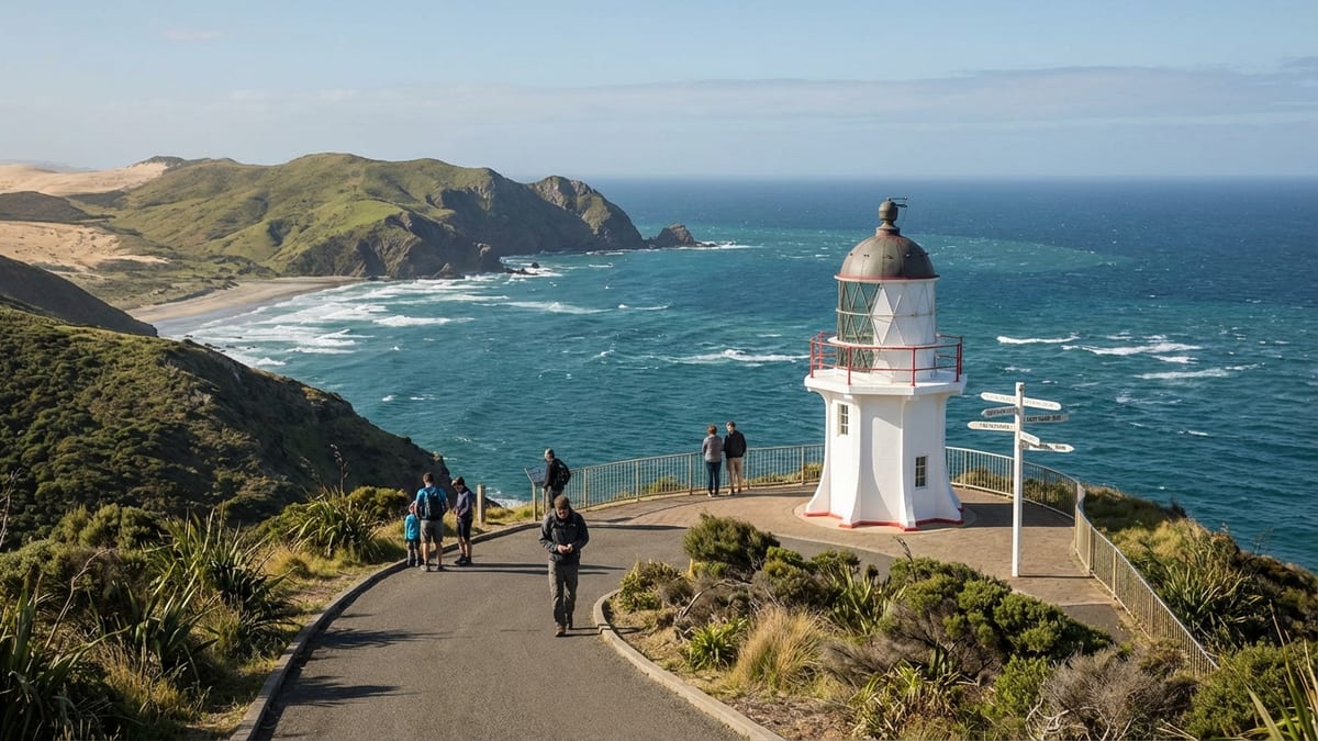 Clear day at Cape Reinga lighthouse with visitors enjoying the view.