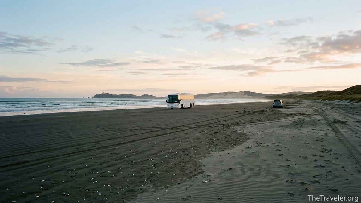 Tour coach and car on Ninety Mile Beach at low tide with distant Cape Reinga headland at dawn.