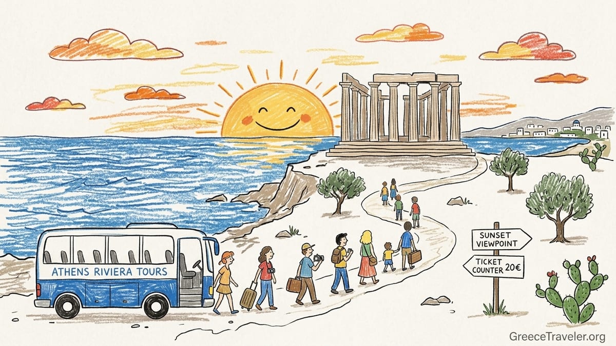 Temple of Poseidon at Cape Sounion at sunset with Aegean Sea views and a few visitors on the windy cliff path.
