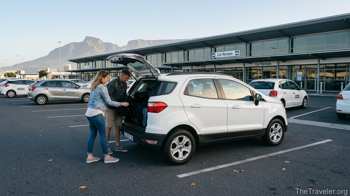 Traveler loading luggage into a rental SUV at Cape Town Airport with Table Mountain in background.