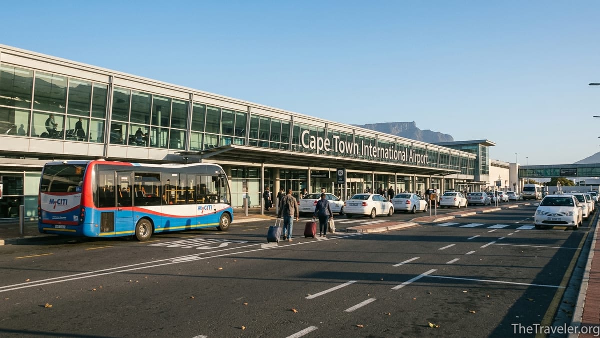 Travelers exiting Cape Town International Airport toward taxis and MyCiTi bus under clear morning sky.