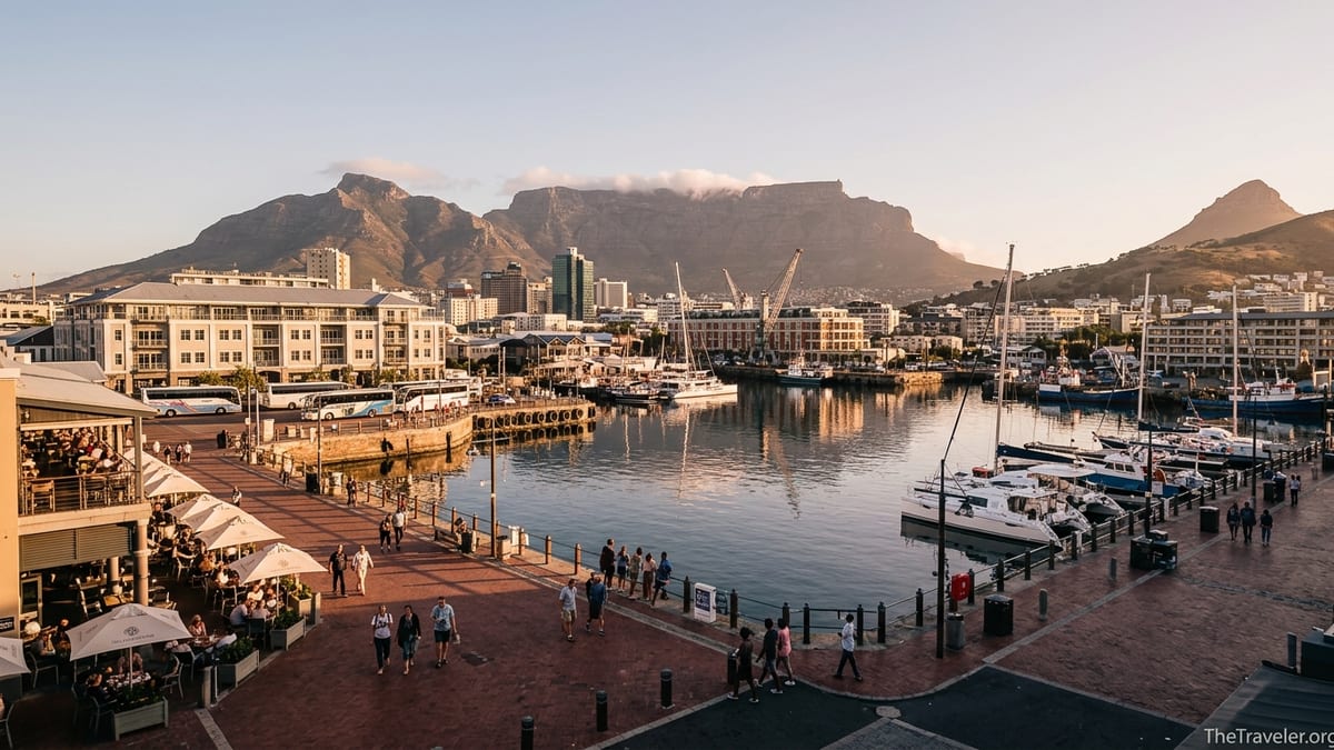 View of Cape Town’s V&A Waterfront with Table Mountain in the background at golden hour.