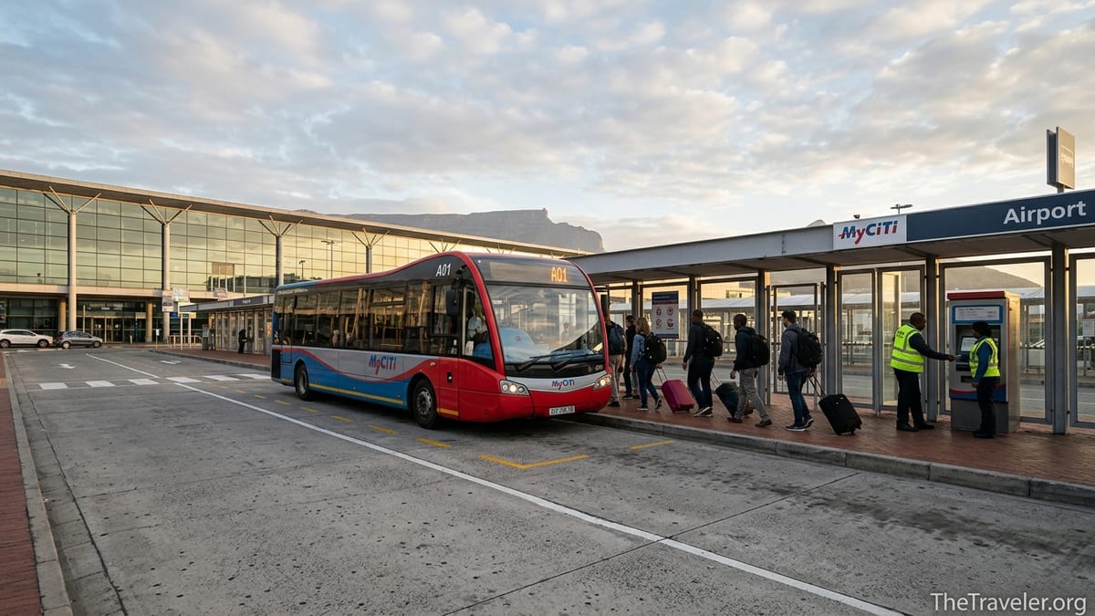 MyCiTi airport bus waiting at Cape Town International Airport station with travelers boarding.