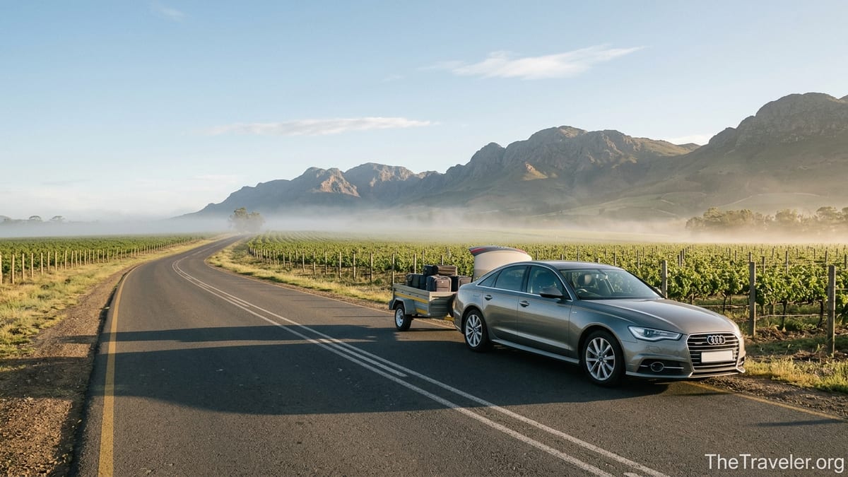 Car on a quiet road lined with Stellenbosch vineyards at sunrise.