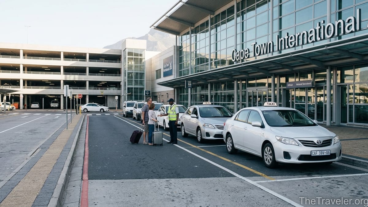 Official metered taxi rank outside Cape Town International Airport arrivals.