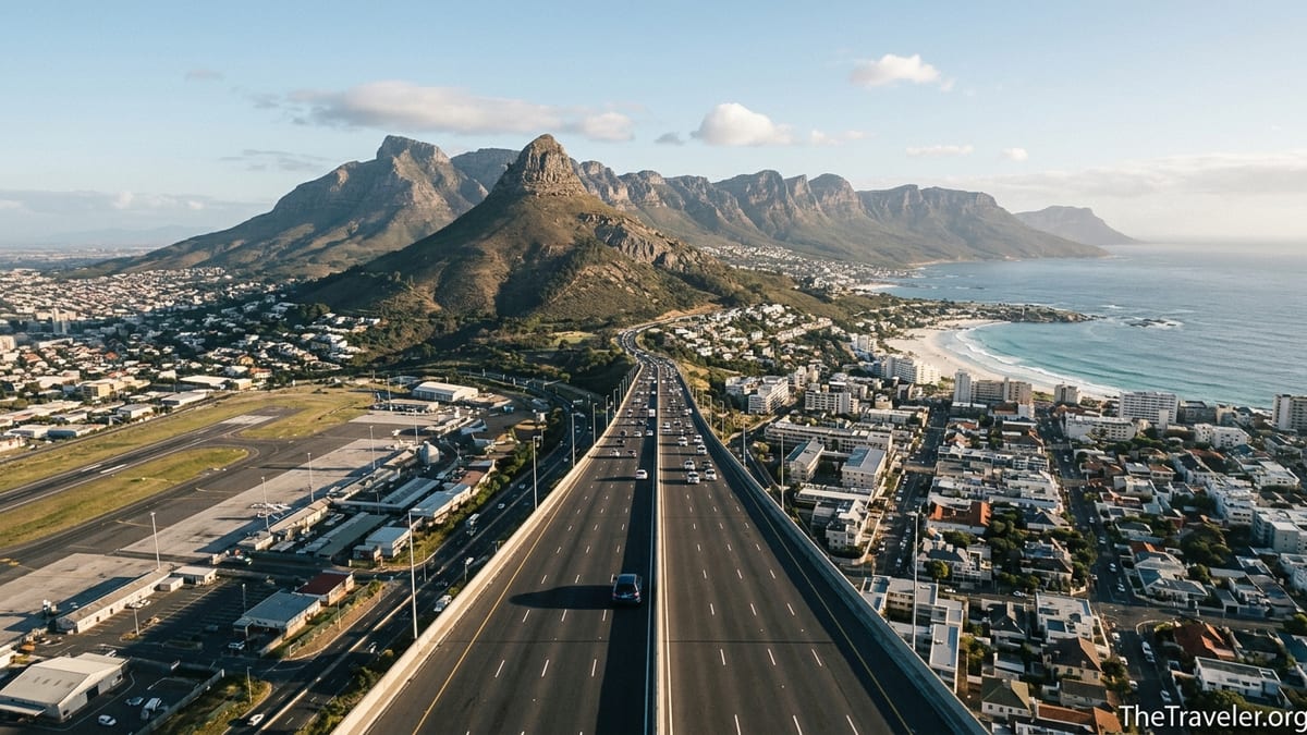 Aerial view of Cape Town route from airport toward Camps Bay with Table Mountain and the Atlantic coast.