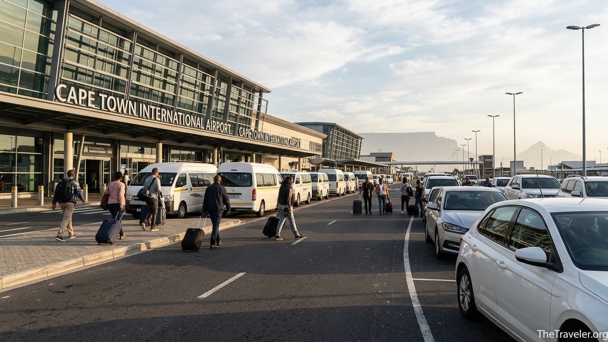 Arrivals area at Cape Town International Airport with taxis and rideshare cars waiting for travelers.