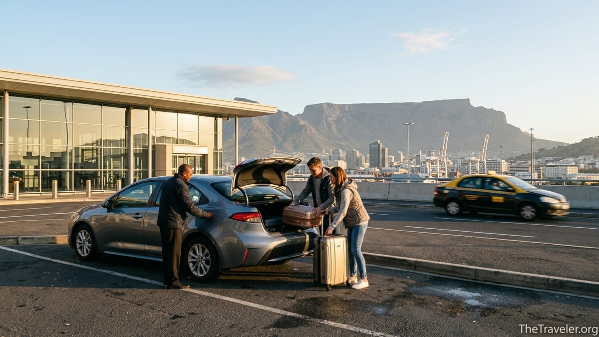 Traveller loading luggage into a car at Cape Town Airport with Table Mountain and harbour in the distance.