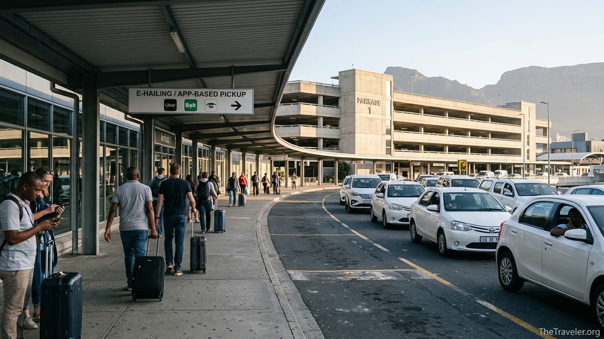 Travelers walking toward the Uber and Bolt pickup area at Cape Town International Airport.