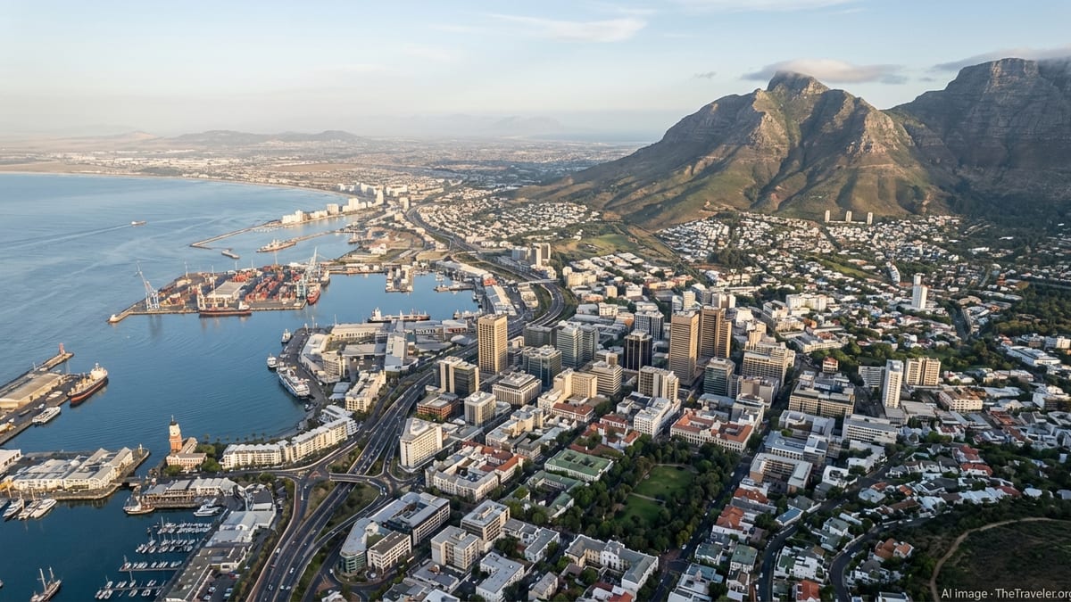 Aerial view of Cape Town's cityscape, Table Mountain, and waterfront during golden hour.