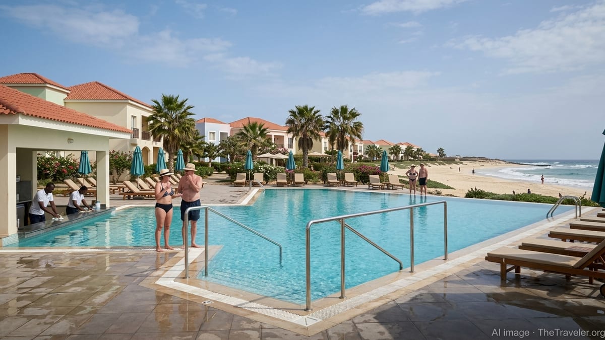 Beachfront resort in Cape Verde with quiet pool area and distant ocean under bright skies.