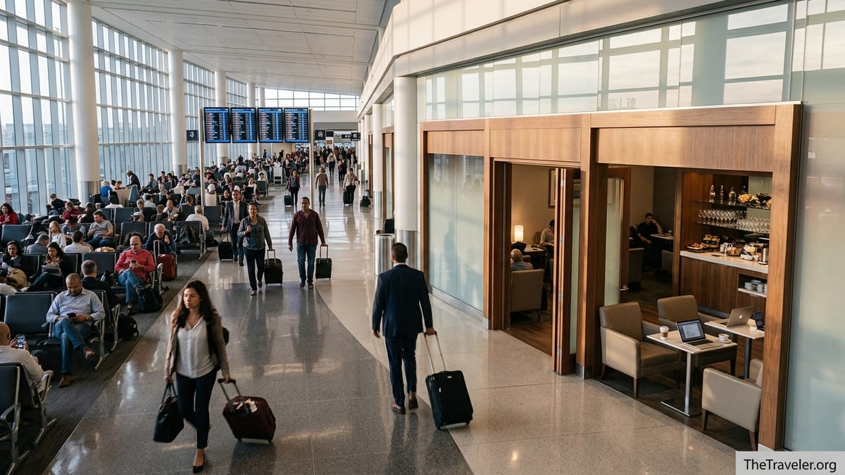 Travelers choosing between a busy airport terminal and a calm independent lounge entrance.