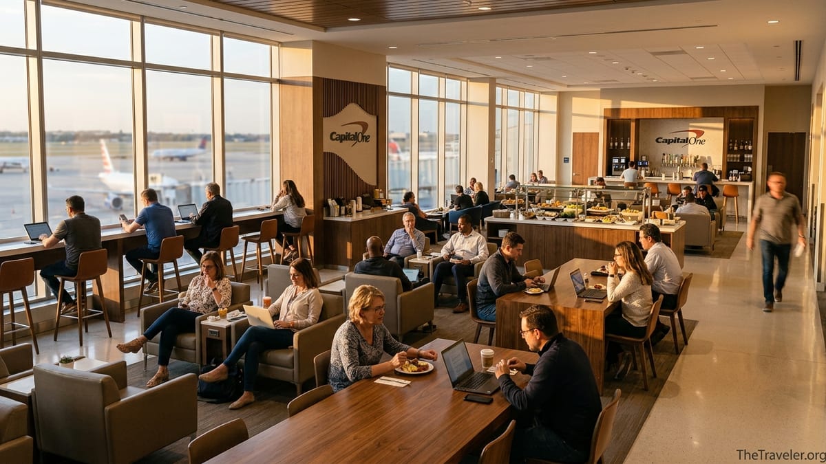 Travelers relaxing with food and laptops inside a bright Capital One airport lounge.