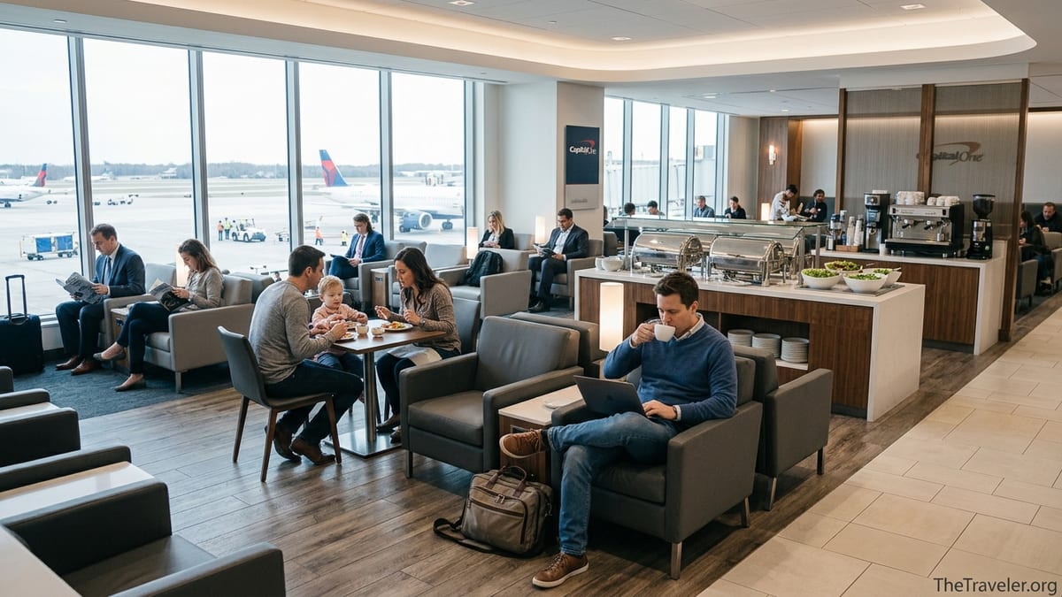 Travelers relaxing and working in a bright Capital One airport lounge with runway views.