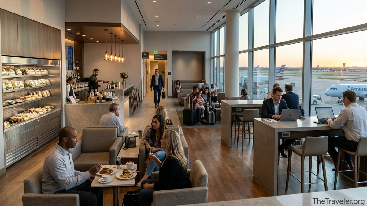 Travelers relaxing, dining, and working inside a modern Capital One airport lounge.