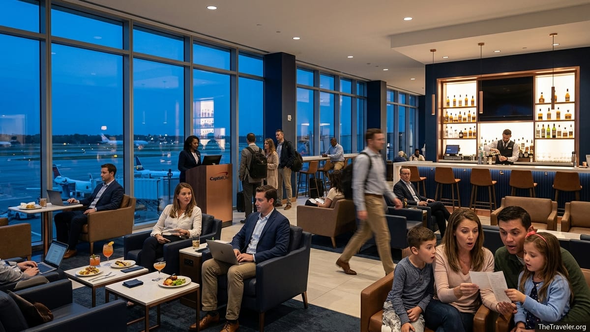 Travelers inside a busy Capital One style airport lounge reviewing a bill near the windows at dusk.