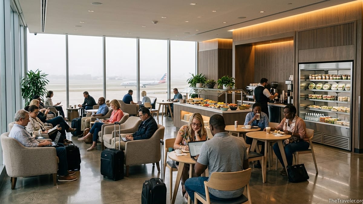 Travelers relaxing, dining and working inside a modern Capital One airport lounge with runway views.